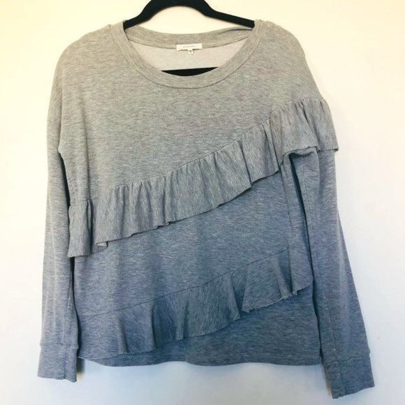 Sold Anthropologie Pleione French Terry Gray Tiered Ruffle Sweater- Size Medium - Picture 4 of 10